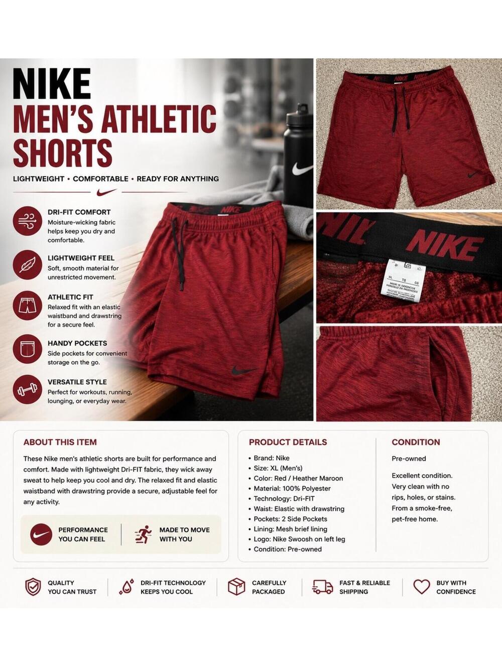 Men’s XL Nike Athletic Shorts – Red Heather Dri-FIT Training Shorts